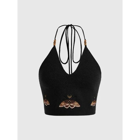 Women's Crochet Halter Top Acrylic V Neck Crop for Beach Party Night Out - Picture 5 of 5